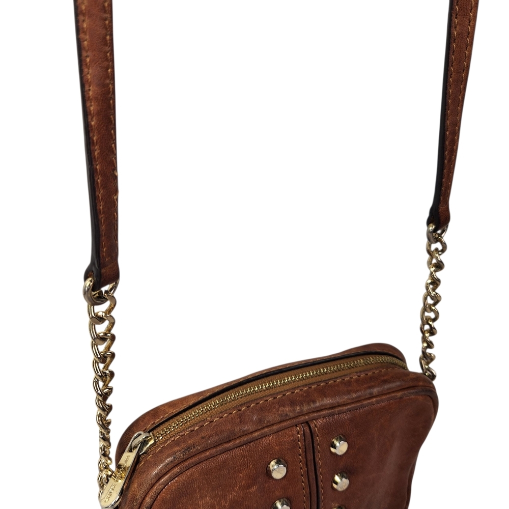 Michael Kors Brown Leather Uptown Astor Small Crossbody Bag Purse Gold Stud - Picture 4 of 13